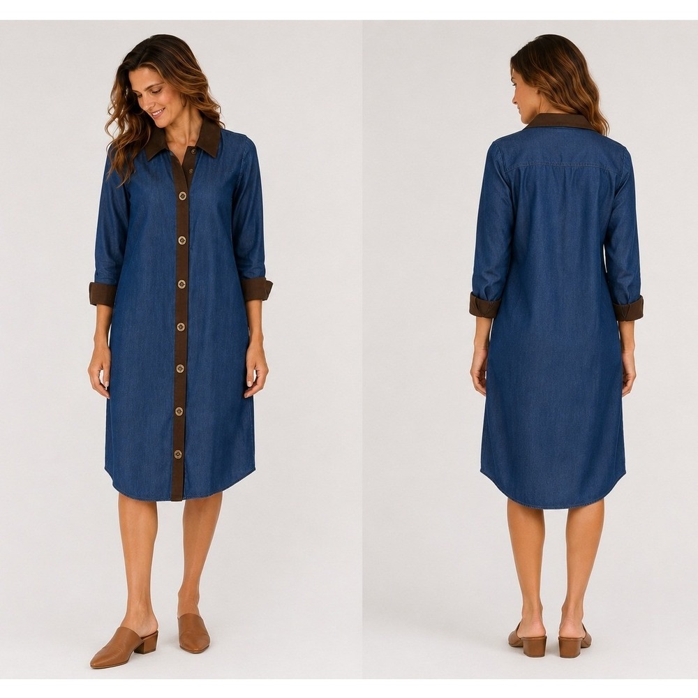 Soft Surroundings Urbina Blue Chambray Midi Shirt Dress Size PXS Turn-Lock